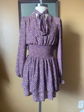 Purple Floral Long-Sleeve Smocked Waist Dress
